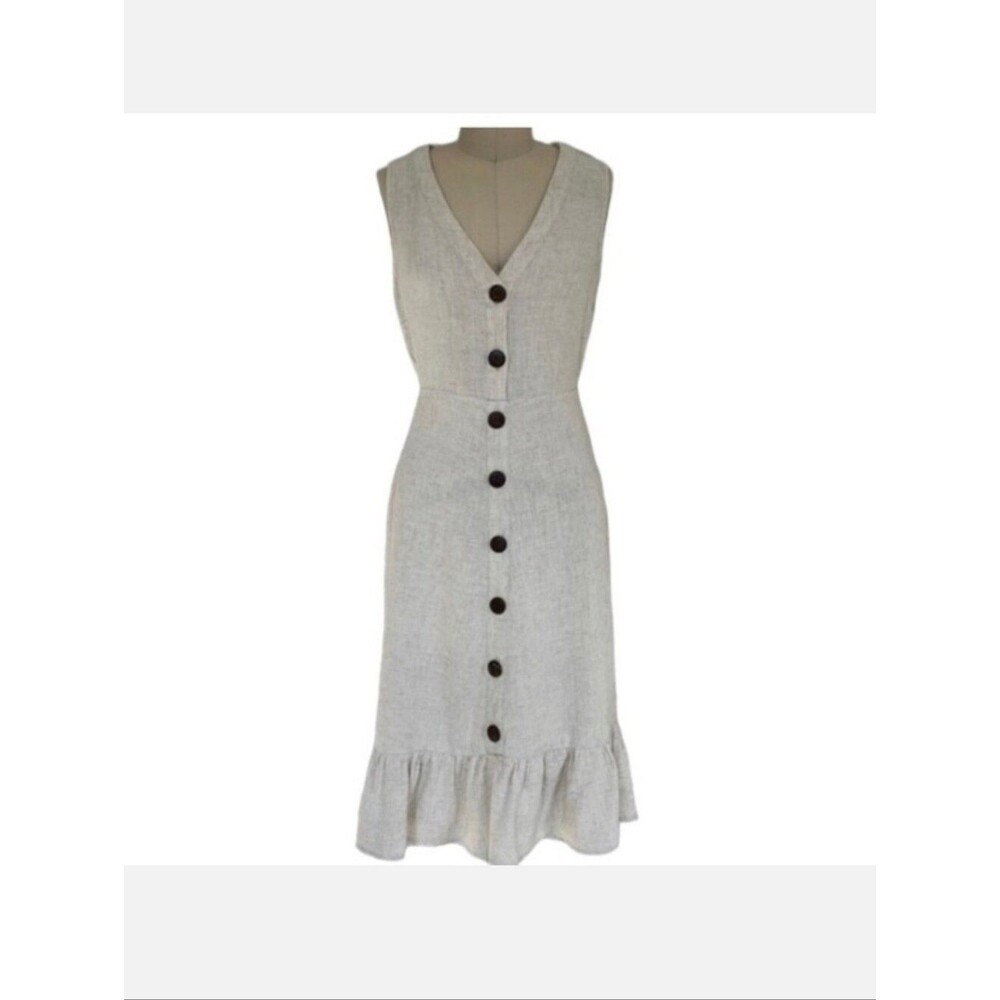 Sleeveless Button-Front Linen Midi Dress in Light Beige